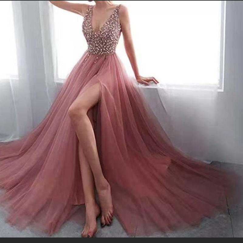 Women's pink sequins lace panel maxi dress spring summer glitter shining banquet evening party dress