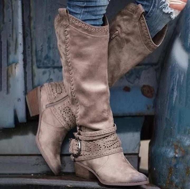 Women's vintage knee high boots block heels boots