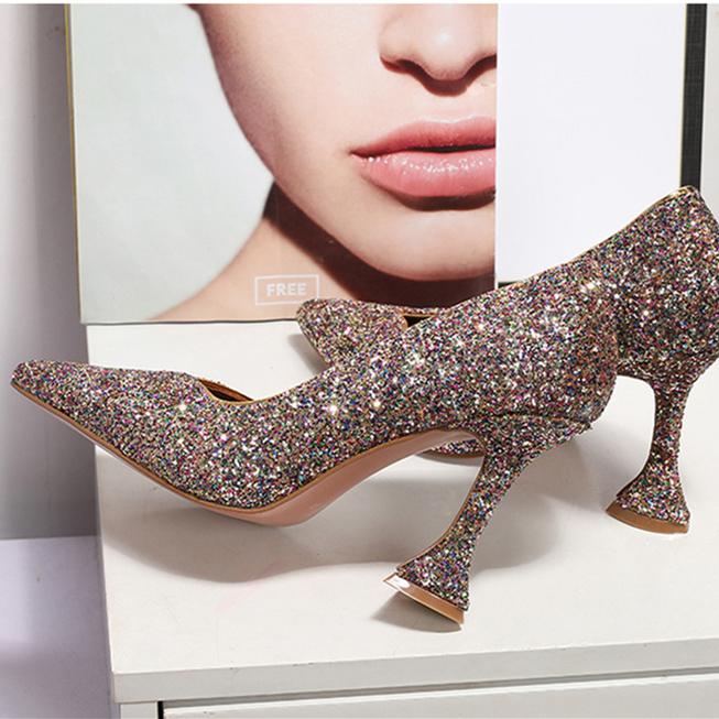 Rhinestone sequine glitter pointed toe wine cup pumps | high heels for wedding party