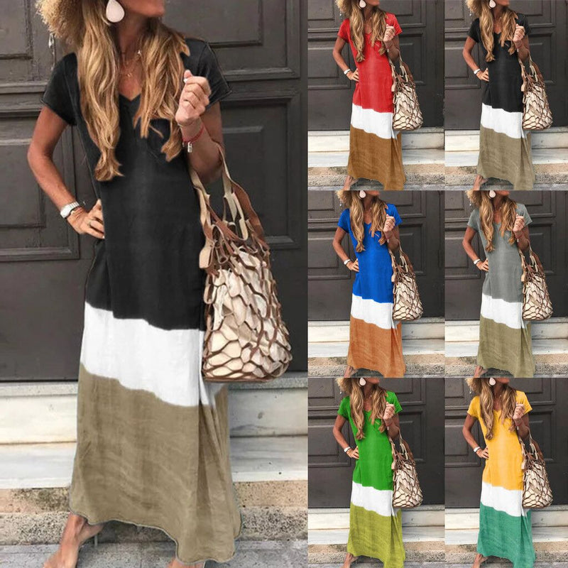 Women Color Block V Neck Linen Short Sleeve Maxi Dress - fashionshoeshouse