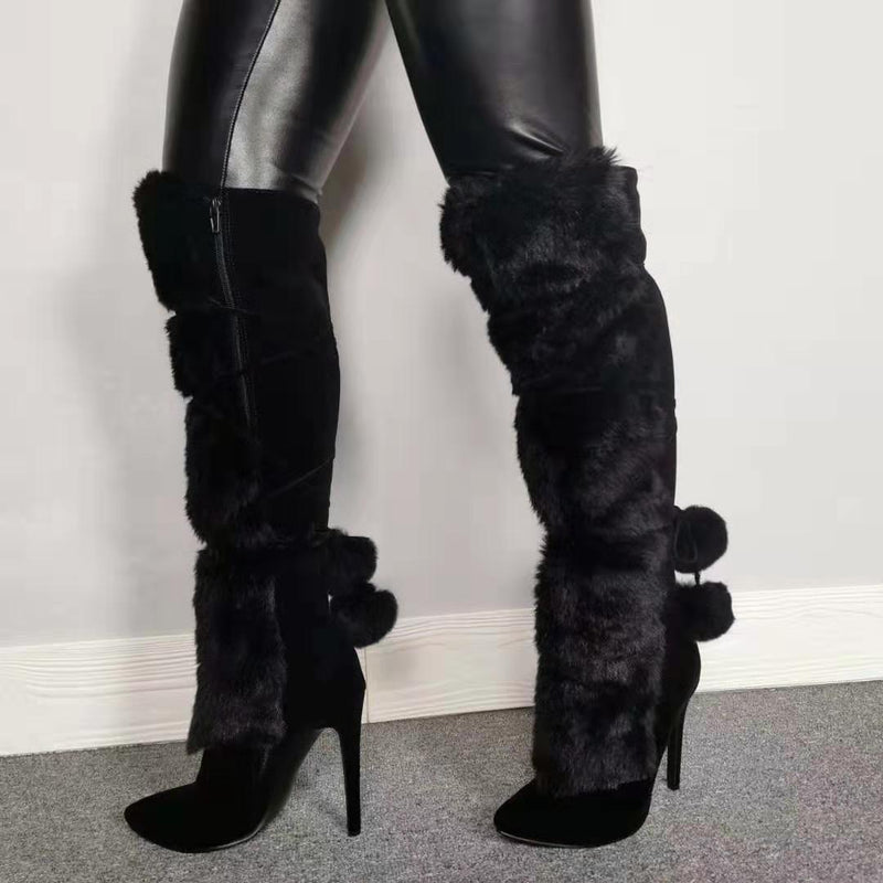 Women's black elegant fuzzy stiletto high heels knee high snow boots