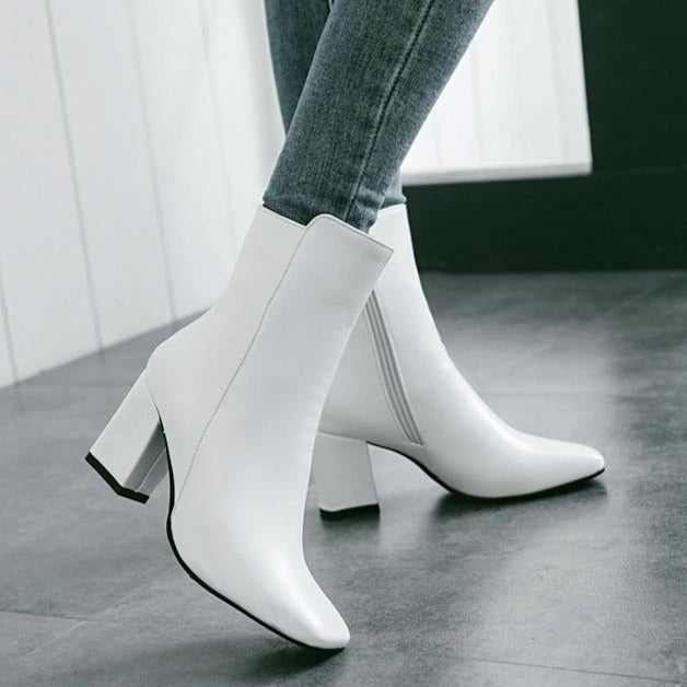 Women's chunky block heel zipper booties elegant square toe ankle boots