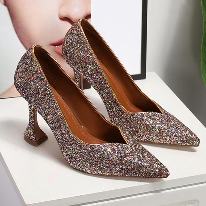 Rhinestone sequine glitter pointed toe wine cup pumps | high heels for wedding party