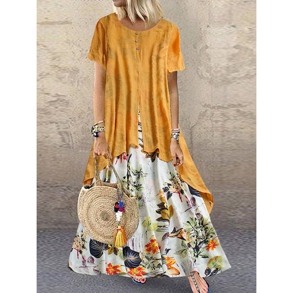 Women Vintage Floral Short Sleeve Maxi Dress