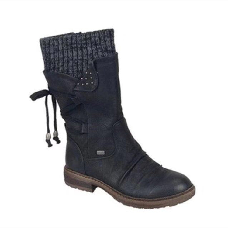 Women's mid-calf sweater cuff snow boots flat back lace boots with zipper