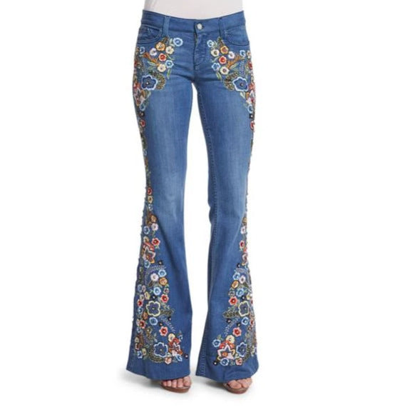 Women's vintage flower embroidery bootcut jeans
