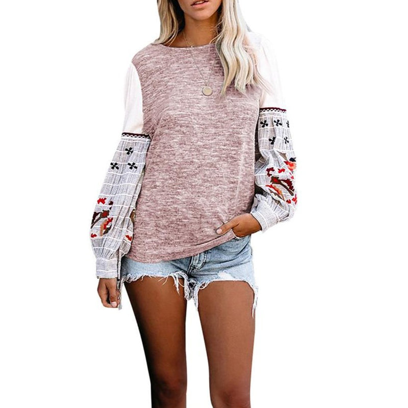 Autumn Embroidered Long Sleeve Crew Neck Tops For Women - fashionshoeshouse
