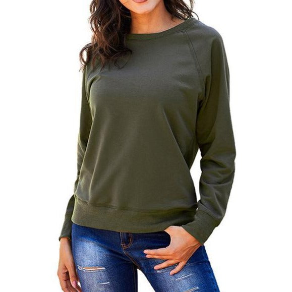 Casual Solid Color Long Sleeve Crewneck Sweatshirt For Women - fashionshoeshouse
