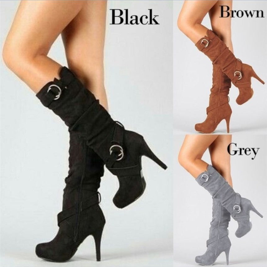 Women's suede stiletto high heel knee high boots with zipper slouch boots