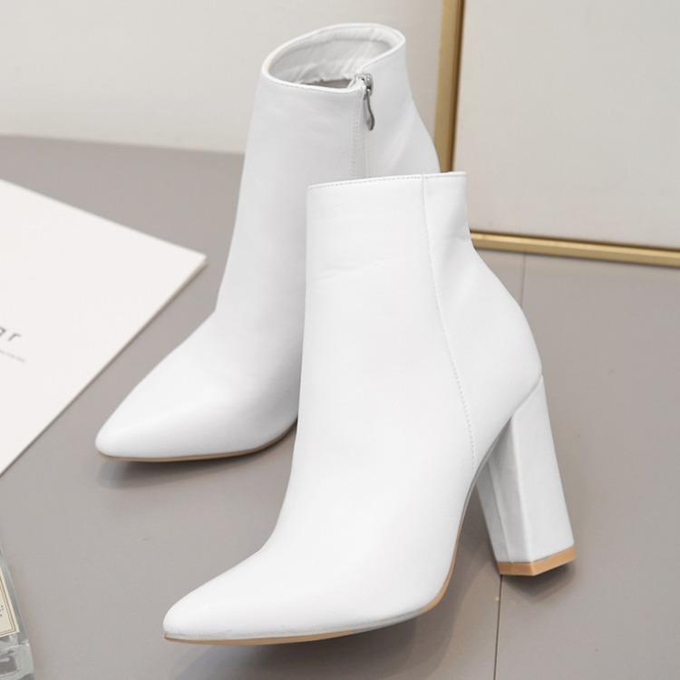 Women's white chunky high heel pointed toe booties