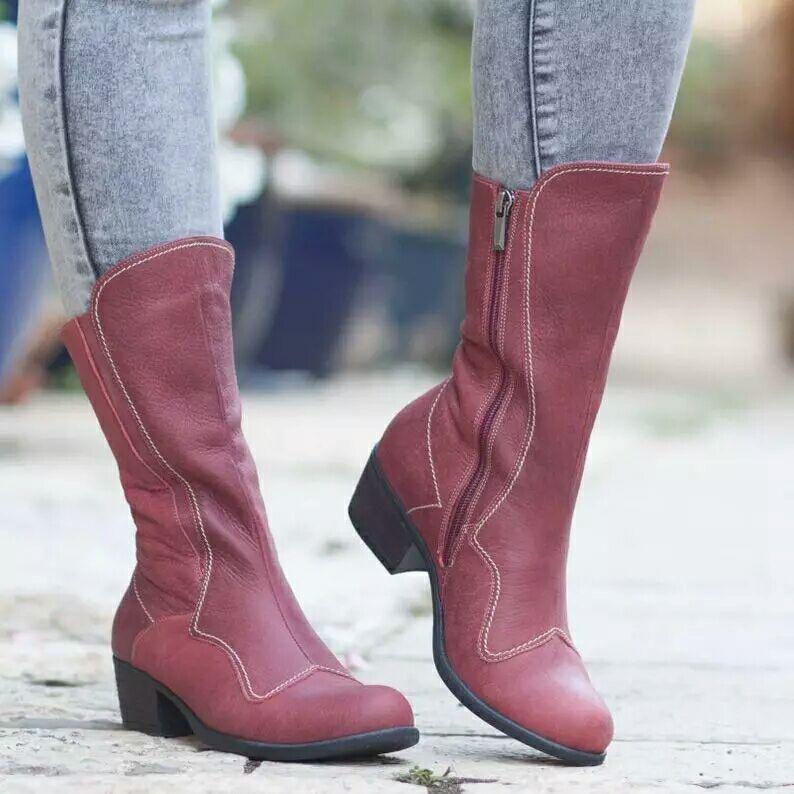 Women square heel mid calf boots low heel motorcycle riding boots