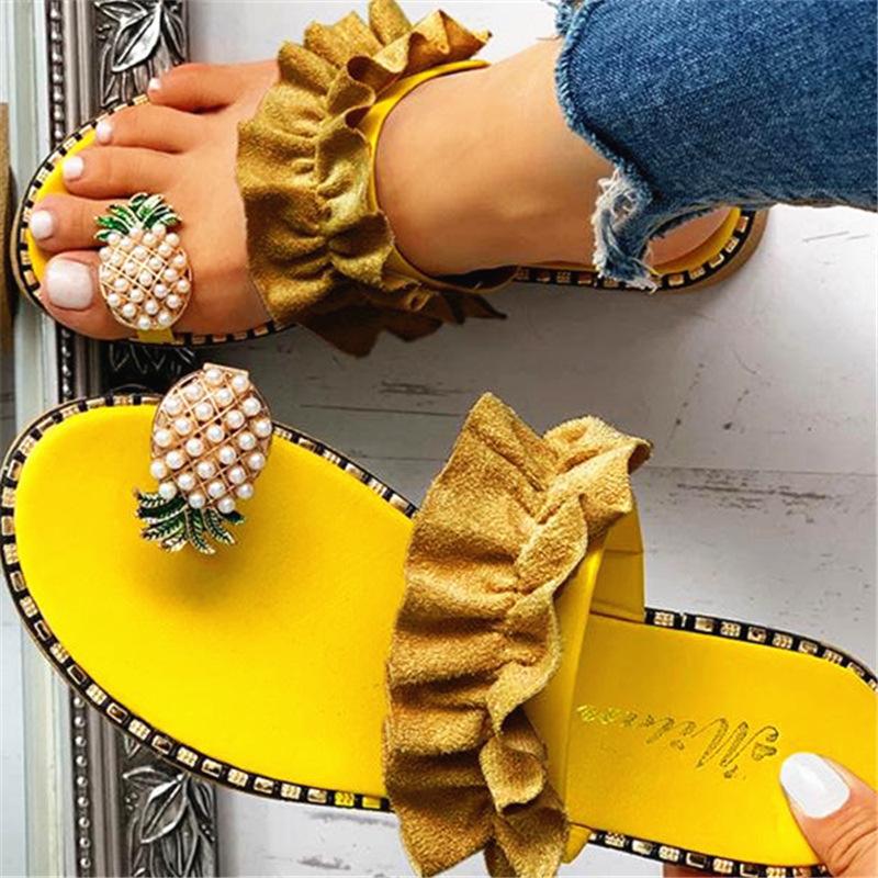 Women's pineapple toe ring slide sandals ruffles decor flat sandals