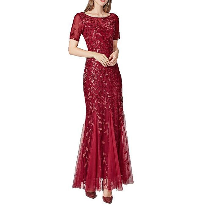 Women's Illusion Embroidery Elegant Mermaid Evening Dress | Sequins Shining Banquet Dress