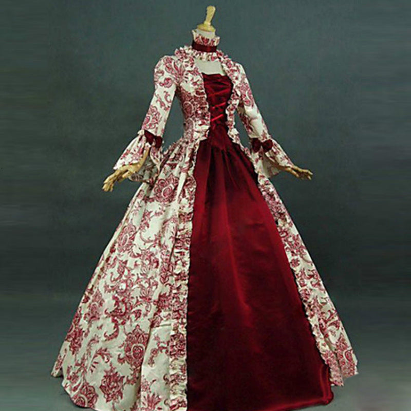 Floral print turtleneck square neck medieval court dress trumpet sleeves large swing dress gown