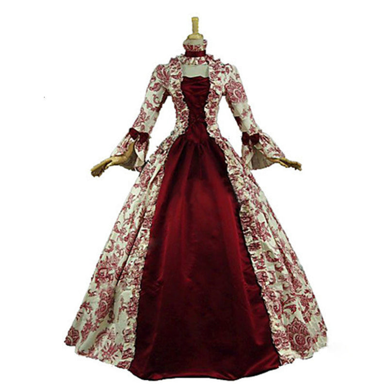 Floral print turtleneck square neck medieval court dress trumpet sleeves large swing dress gown