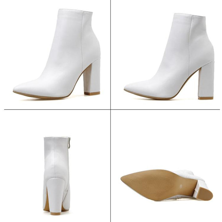Women's white chunky high heel pointed toe booties