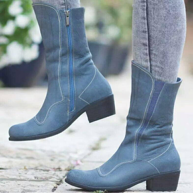 Women square heel mid calf boots low heel motorcycle riding boots