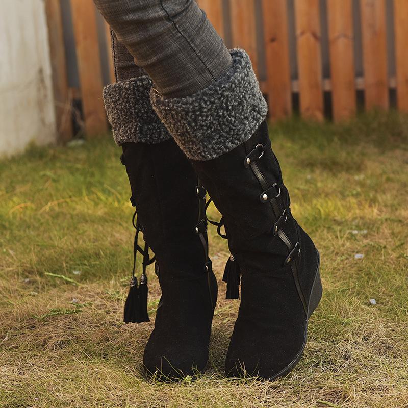 Women's plush cuff back lace-up mid calf snow boots