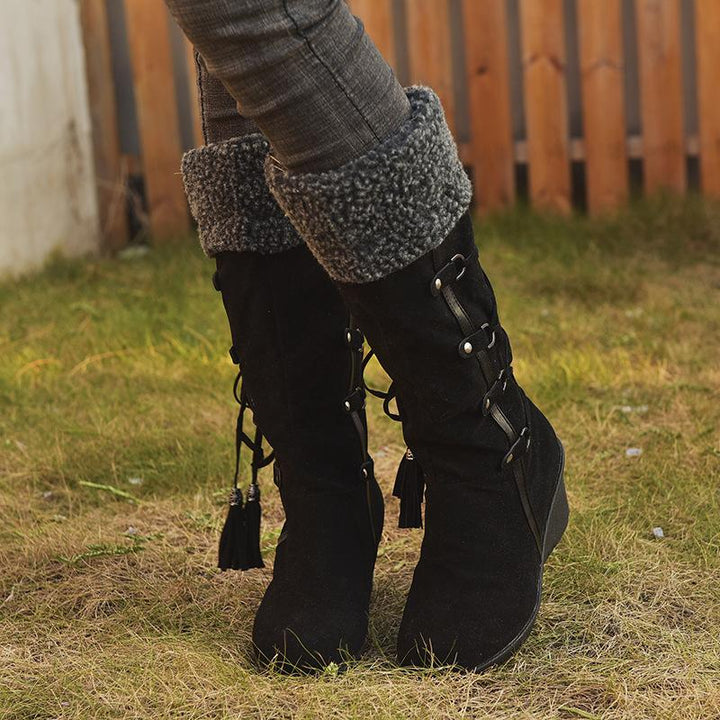 Women's plush cuff back lace-up mid calf snow boots
