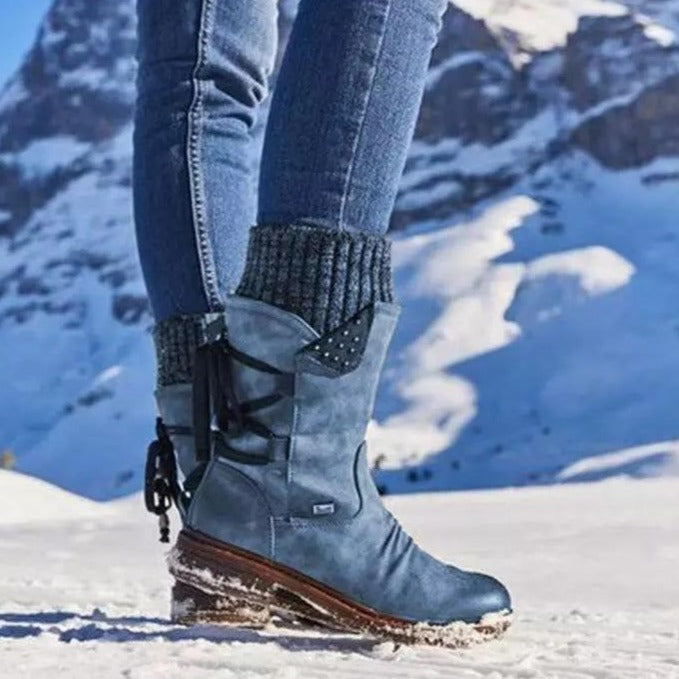 Women's mid-calf sweater cuff snow boots flat back lace boots with zipper