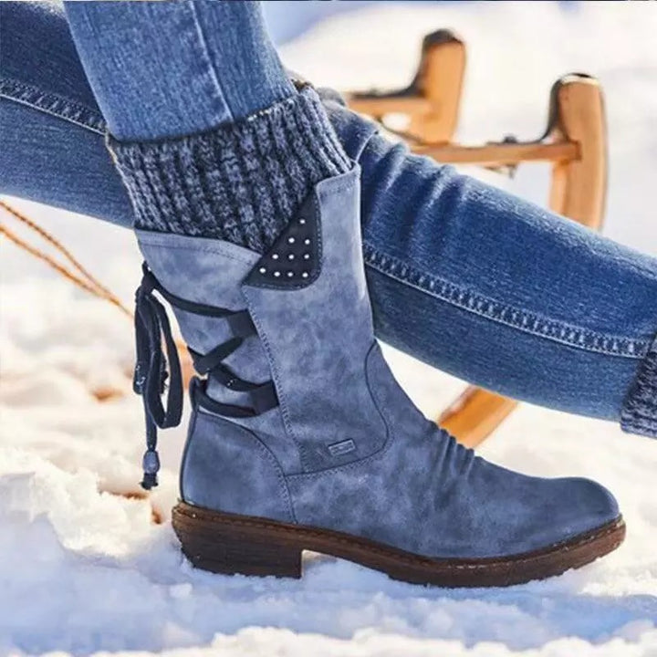 Women's mid-calf sweater cuff snow boots flat back lace boots with zipper