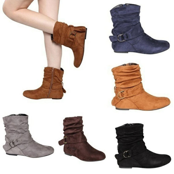 Women's retro suede buckle strap ankle boots daily casual flat shouch boots