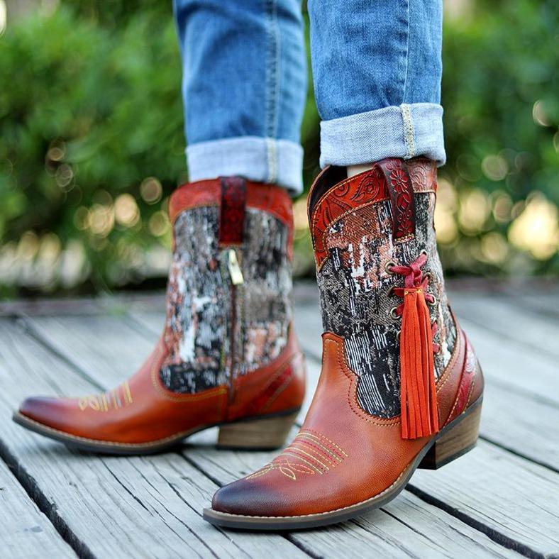 Women red retro flower embroidery pointed toe mid calf tassels western cowboy boots
