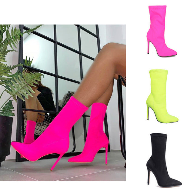 Women Solid Color Pointed Toe Stiletto High Heel Elastic Sock Booties