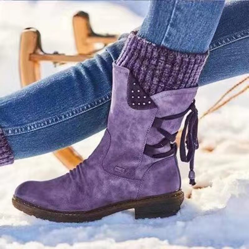 Women's mid-calf sweater cuff snow boots flat back lace boots with zipper