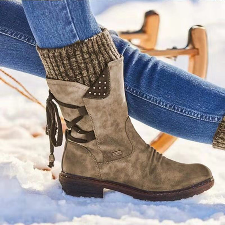 Women's mid-calf sweater cuff snow boots flat back lace boots with zipper