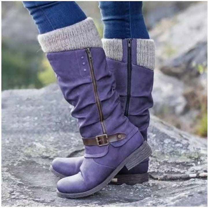 Women's sweater cuff mid calf snow boots low heel zipper biker boots