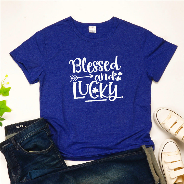 Blessed And Lucky Print Women Tops - fashionshoeshouse