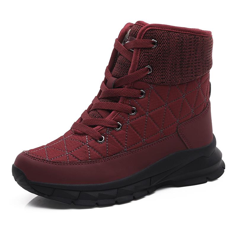 Women warm plush lining qulited knit cuff front lace sneakers snow boots