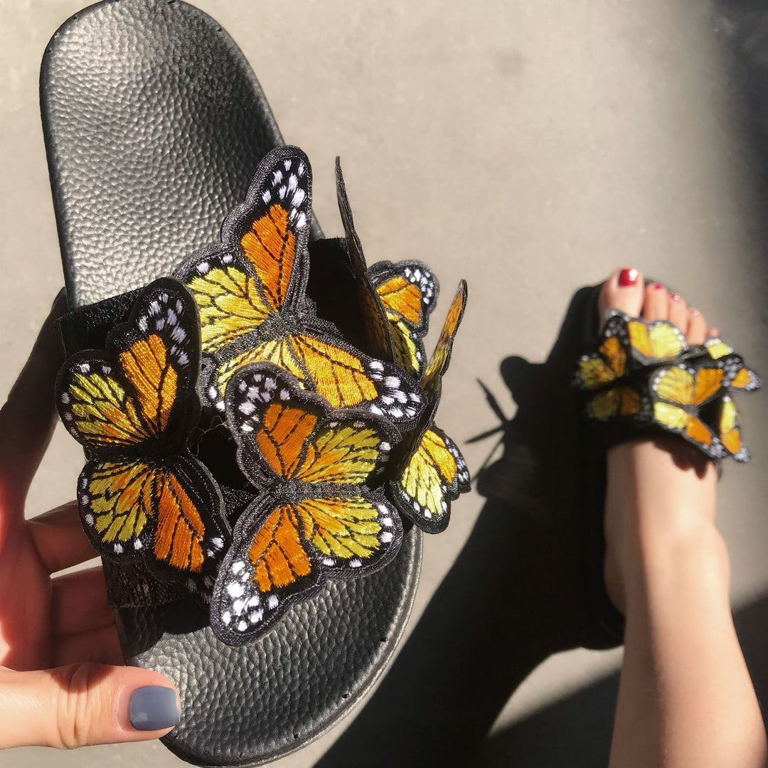 Women's butterfly embroidery strap slide sandals