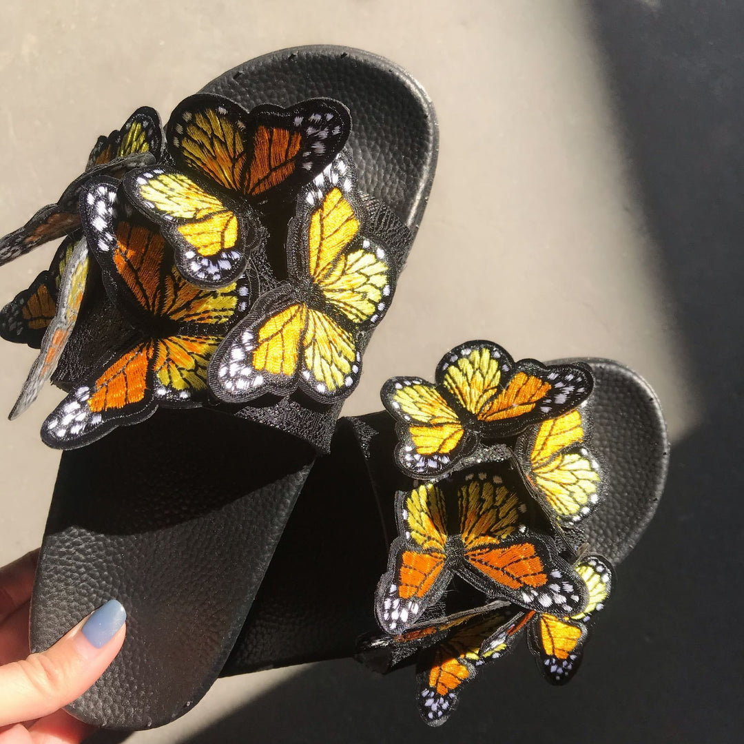 Women's butterfly embroidery strap slide sandals
