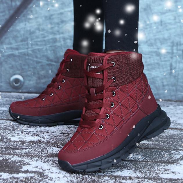 Women warm plush lining qulited knit cuff front lace sneakers snow boots