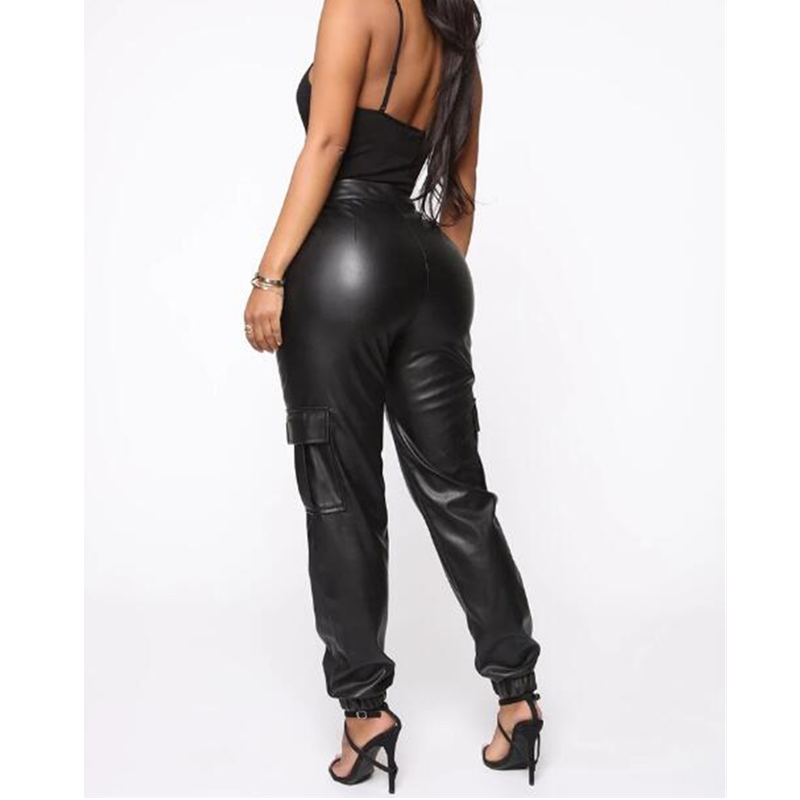 Women's faux leather pants streetwear PU trousers with pockets
