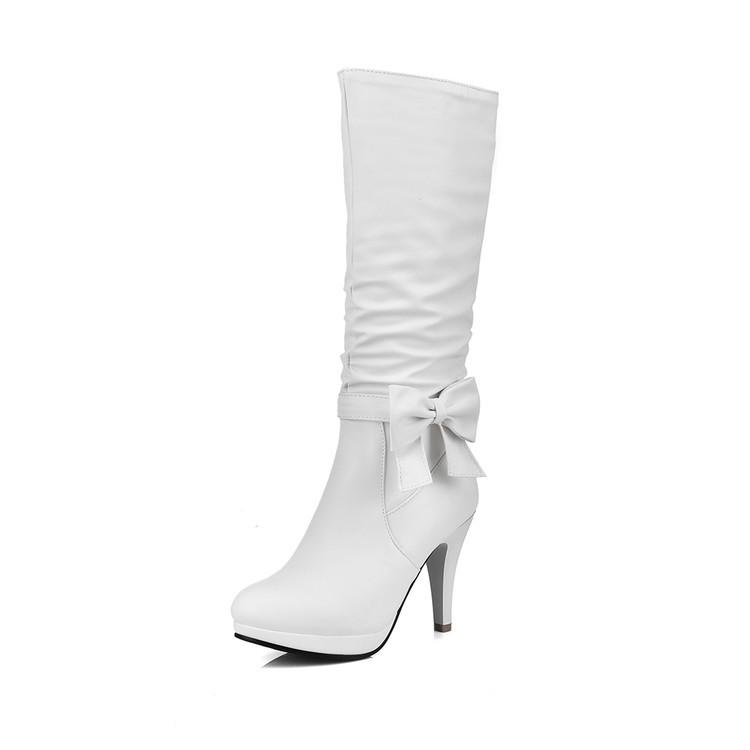 Women's stiletto high heel mid calf bowknot decor zipper boots