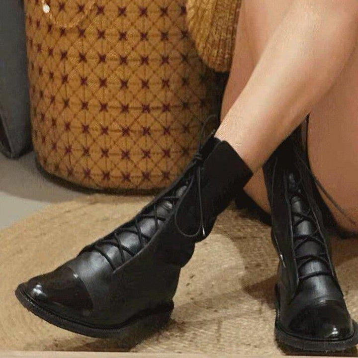 England style black PU lace-up  mid calf combat boots