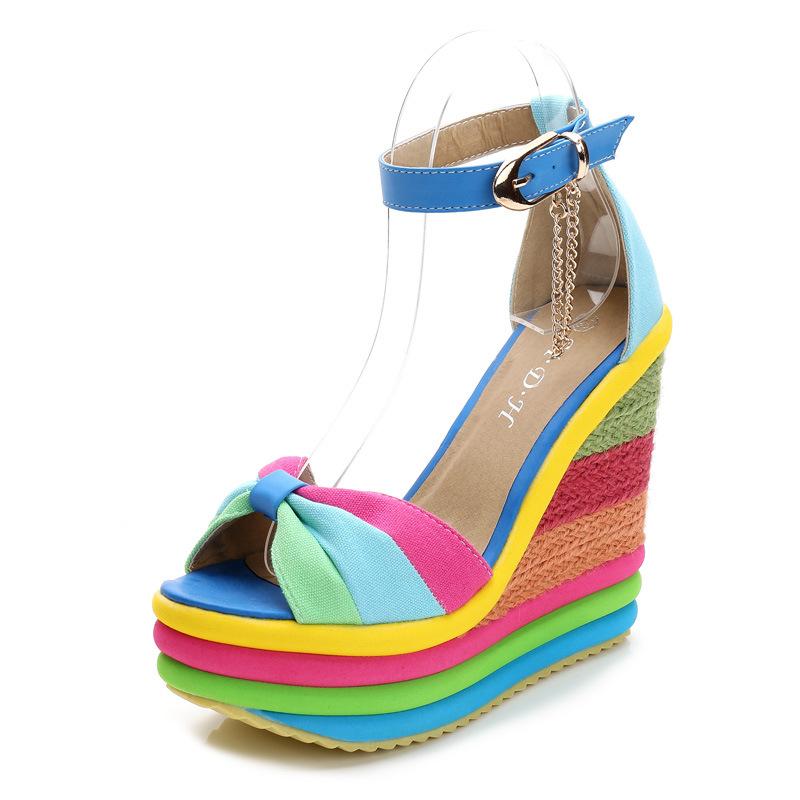 Women's rainbow bowknot peep toe platform wedge ankle strap buckle sandals