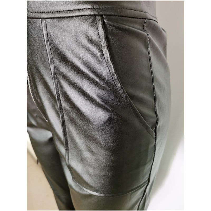 Women's faux leather pants streetwear PU trousers with pockets
