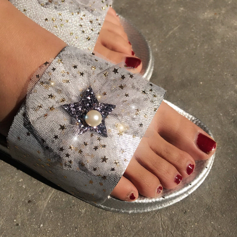 Women's floral lace decor flat open toe slides