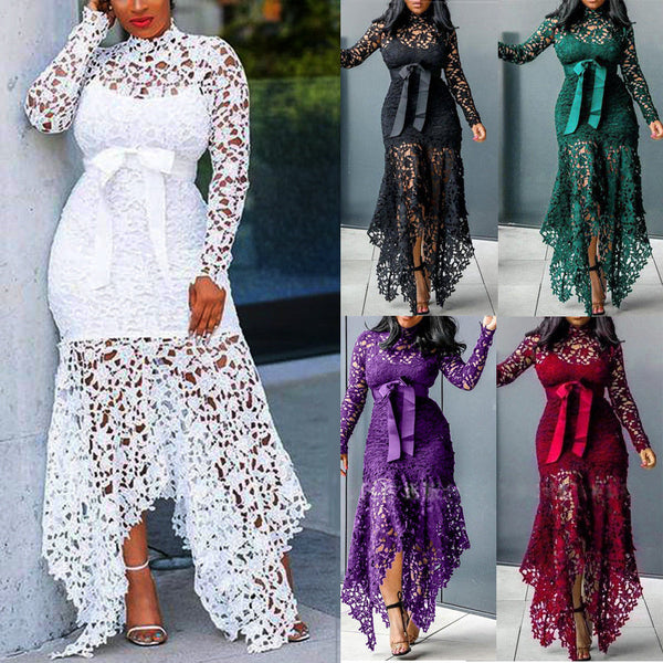 Bodycon hollow lace patchwork long sleeves ankle-length dress for cocktial party & prom