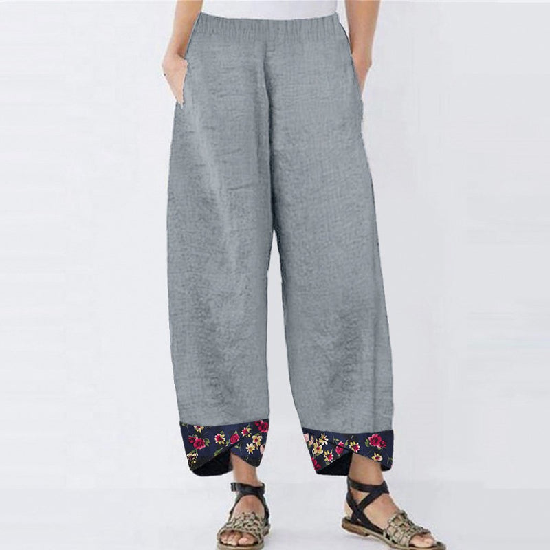 Women's linen elastic waist cropped pants floral printed hem