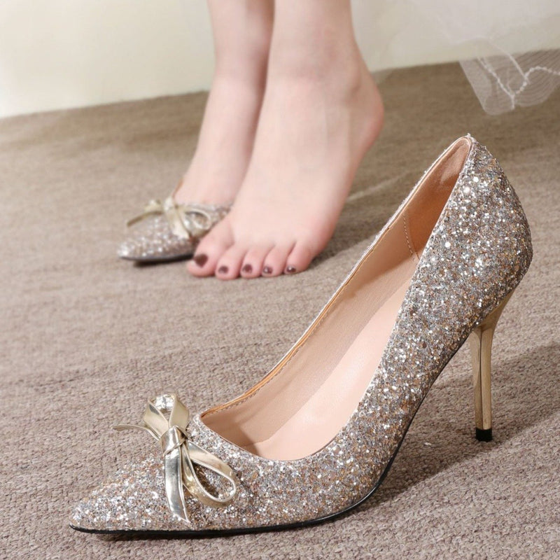 Women's rhinestone glitter bowknot pumps wedding proms silver gold stiletto heels