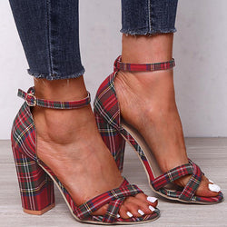 Women's retro plaid chunky high heels ankle buckle strap criss peep toe sandals