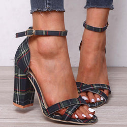 Women's retro plaid chunky high heels ankle buckle strap criss peep toe sandals