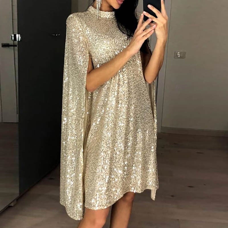Silver gold sequins shining cloak long sleeves mini dress | party cape dress