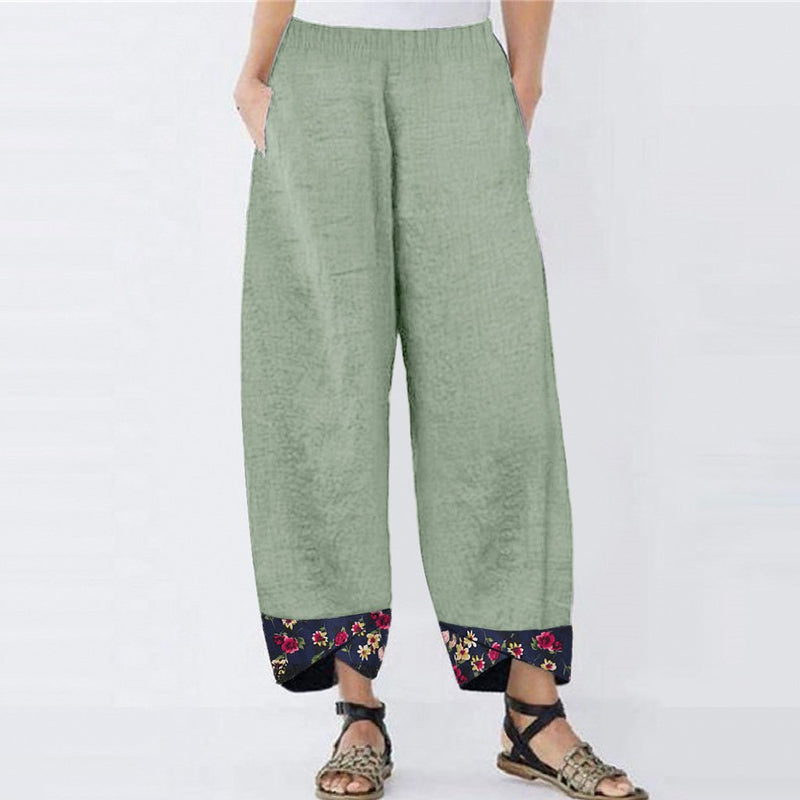 Women's linen elastic waist cropped pants floral printed hem