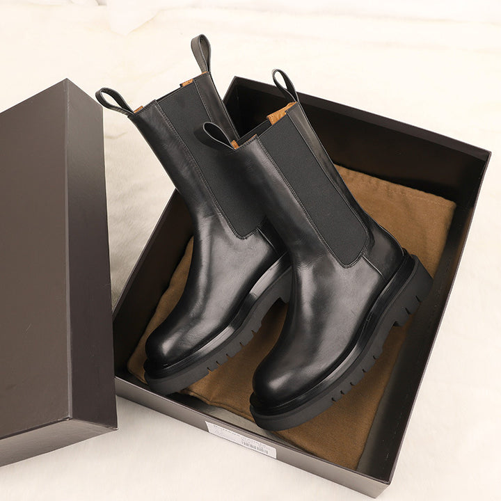 Women's black chunky platform chelsea boots mid calf chelsea boots